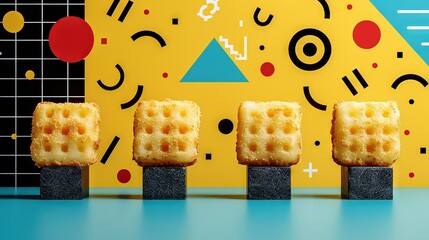 Wall Mural -   Waffles stacked on blue table beside yellow wall