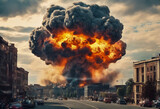 Fototapeta  - The explosion of a bomb in the city. The mushroom explosion of a nuclear bomb in the city