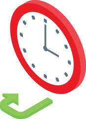 Sticker - Isometric illustration of a classic red wall clock featuring a green clockwise arrow