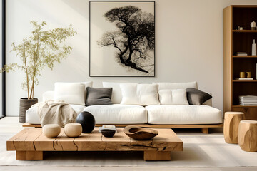 Natural wood coffee table near white sofa and bookcase. White wall with art poster frame. Minimalist boho interior design of modern living room, home.