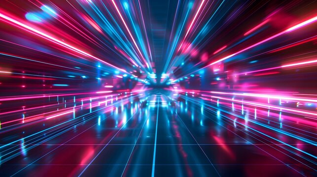 3d abstract technology glowing neon fast speed light background, empty space scene, reflection floor, virtual reality, cyber space futuristic sci-fi background, motion line high speed for mock up.