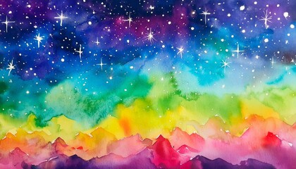 Wall Mural - rainbow watercolor illustration of night space with stars border abstract galaxy painting cosmic texture with stars night sky