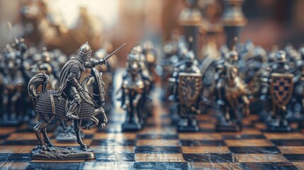 Wall Mural - Epic Battle Setting: Create a detailed medieval battle scene on a chessboard, with chess pieces designed as cavalry and infantry in full armor. The pieces can be in action poses. Generative AI