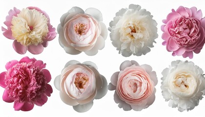 top view of peony flower group of 4 in white and pink isolated on transparent background created using generative ai