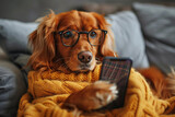 Fototapeta  - A dog holding a smartphone while looking at the camera. Smart, cute dog uses phone to surf the internet.