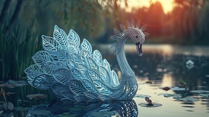 Wall Mural -   Sculpture of Swan Floating on Water with Lily Pads