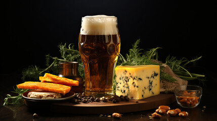 A cold mug of beer with foam and various cheese snacks. Beer and food concept on dark stone background. Restaurant advertising, menu, banner.