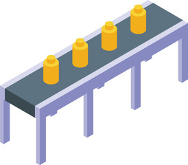 Wall Mural - Digital illustration of an isometric view of a conveyor belt with uniformly spaced yellow jars