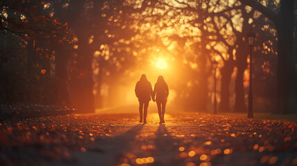 Loving couple holding hands on sunset. Couple enjoying outdoors in cold autumn / winter time.