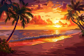 Aufkleber - A vivid painting depicting a colorful sunset over a sandy beach with palm trees swaying in the breeze. Generative AI