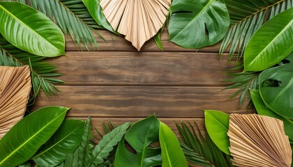 Wall Mural - tropical forest background border made of tropical leaves with empty space in center