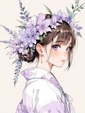 Fototapeta  - Anime girl with lilac flowers in traditional Japanese attire
