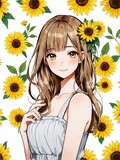 Fototapeta  - Anime girl with sunflowers in watercolor style illustration