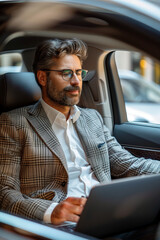 Mature businessman in a suit sit on the back seat and work on laptop