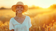 © Miljan Živković - Happy caucasian woman walk in the grain field wear white dress and hat