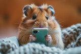 Fototapeta  - A hamster holding a smartphone while looking at the camera. Smart, cute hamster uses phone to surf the internet.