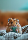 Fototapeta  - A hamster holding a smartphone while looking at the camera. Smart, cute hamster uses phone to surf the internet.