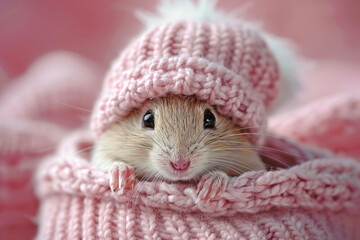 Close-up of a small rodent wearing a knitted pink hat and sweater. High-resolution animal photograph. Cute and cozy winter concept. Design for posters and greeting cards.Front view with pink backgroud