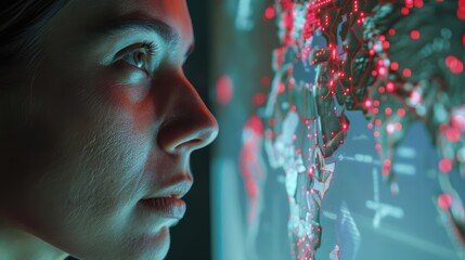 Close up of an epidemiologist viewing a holographic map tracking an epidemic spread, her eyes reflecting the flashing red zones, sharpen with copy space