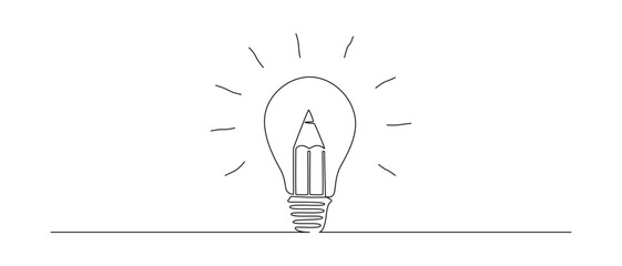 Aufkleber - Light bulb and pencil in one continuous line drawing. Creative idea innovation and writer and poetry concept. Lightbulb symbol in Editable stroke. Doodle Vector illustration