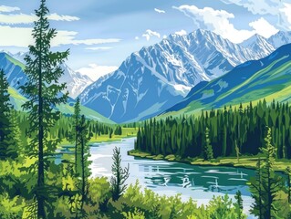 Sticker - A painting of a mountain range with a river running through it