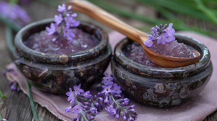 Wall Mural -   Wooden spoon on wooden table with lavender salt & flowers