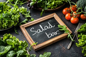 Wall Mural - Fresh salad bar setup with chalkboard sign on a rustic table. Top view composition for healthy eating.