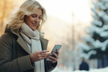 Wall Mural - A Happy Beautiful Blonde Woman Using Her Mobile Phone While Standing Outdoors 