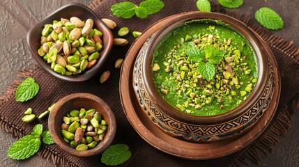   A bowl of green soup sits beside two bowls of pistachio beans and mint leaves on a brown cloth