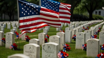 Wall Mural - american flags in cemetery