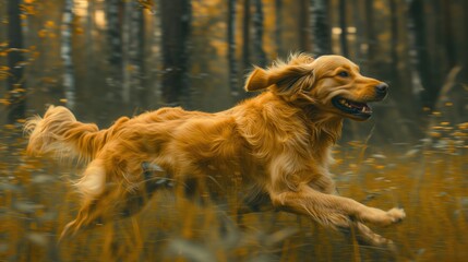 Wall Mural - Dog Running Playing Walking in the Forest, Nature Landscape Puppy Portrait, Canine Health Exercise Art Veterinarian Backdrop Concept, Pet Marketing Background, Animal Advertising Wallpaper