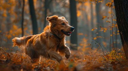 Wall Mural - Dog Running Playing Walking in the Forest, Nature Landscape Puppy Portrait, Canine Health Exercise Art Veterinarian Backdrop Concept, Pet Marketing Background, Animal Advertising Wallpaper