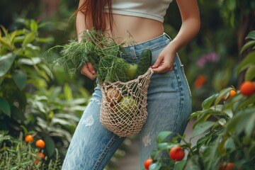 Wall Mural - Woman holding a mesh bag filled with fresh vegetables in a garden. Organic farming and healthy lifestyle concept. Design for poster, banner, postcard, greeting card.