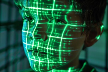Poster - Boy's face illuminated by a grid-like green pattern resembling digital or virtual reality concepts It conveys themes of technology, future, and innovation