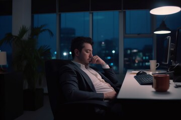 Poster - A young businessman is working late at an office and taking some rest at night