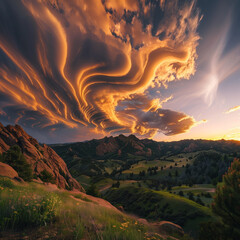 Wall Mural - AI generated illustration of dynamic cloud patterns as the sun rises beyond the Rocky Mountains