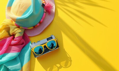 A vibrant and colorful flat lay of a wide-brimmed hat, sunglasses, a colorful scarf, and a digital camera, all arranged on a yellow background