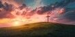 © gunzexx png and bg - A serene landscape with a Christian cross on a flowering hill during a breathtaking sunset offering symbolism of faith and hope