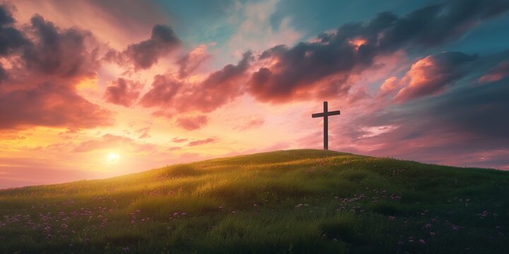 a serene landscape with a christian cross on a flowering hill during a breathtaking sunset offering 