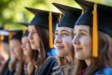 Wall Mural - group of exited femalegraduate students in crowd at college, university  or high school graduation, wearing  mortarboards caps and gowns, smiling and being happy
