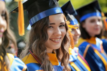 Wall Mural - female caucasian graduate student closeup at college, university  or high school graduation, wearing  black mortarboards cap and gown, smiling and being happy