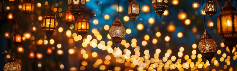 An array of beautiful eastern lanterns illuminating with a bokeh of warm lights in the background