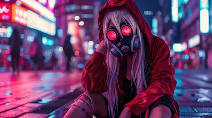 Wall Mural - Woman in a red hoodie and wearing a gas mask sits on a city street sidewalk wallpaper AI generated image