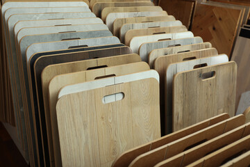 Canvas Print - Many different samples of wooden flooring in store