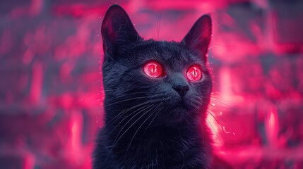 Naklejka na meble Mysterious Black Cat with Glowing Red Eyes Illuminated in a Neon-Lit Environment