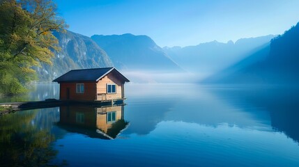 Wall Mural - A small house sits on the shore of a lake.