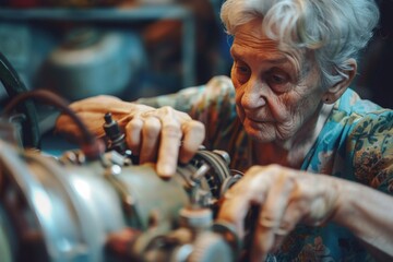 Poster - A senior woman meticulously works on a mechanical device, reflecting lifelong learning and perseverance at any age