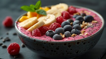 Canvas Print - healthy breakfast options, fruit-filled smoothie bowl with nuts, perfect for a tasty and wholesome breakfast option, full of vibrant colors