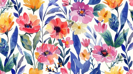 Wall Mural - Seamless watercolor pattern featuring vibrant wildflowers in various colors.


