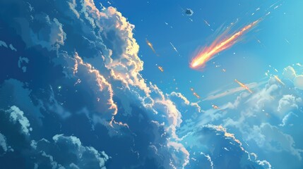 Wall Mural - during the daytime a radiant meteorite blazes across the blue sky resembling a stunning shooting sta